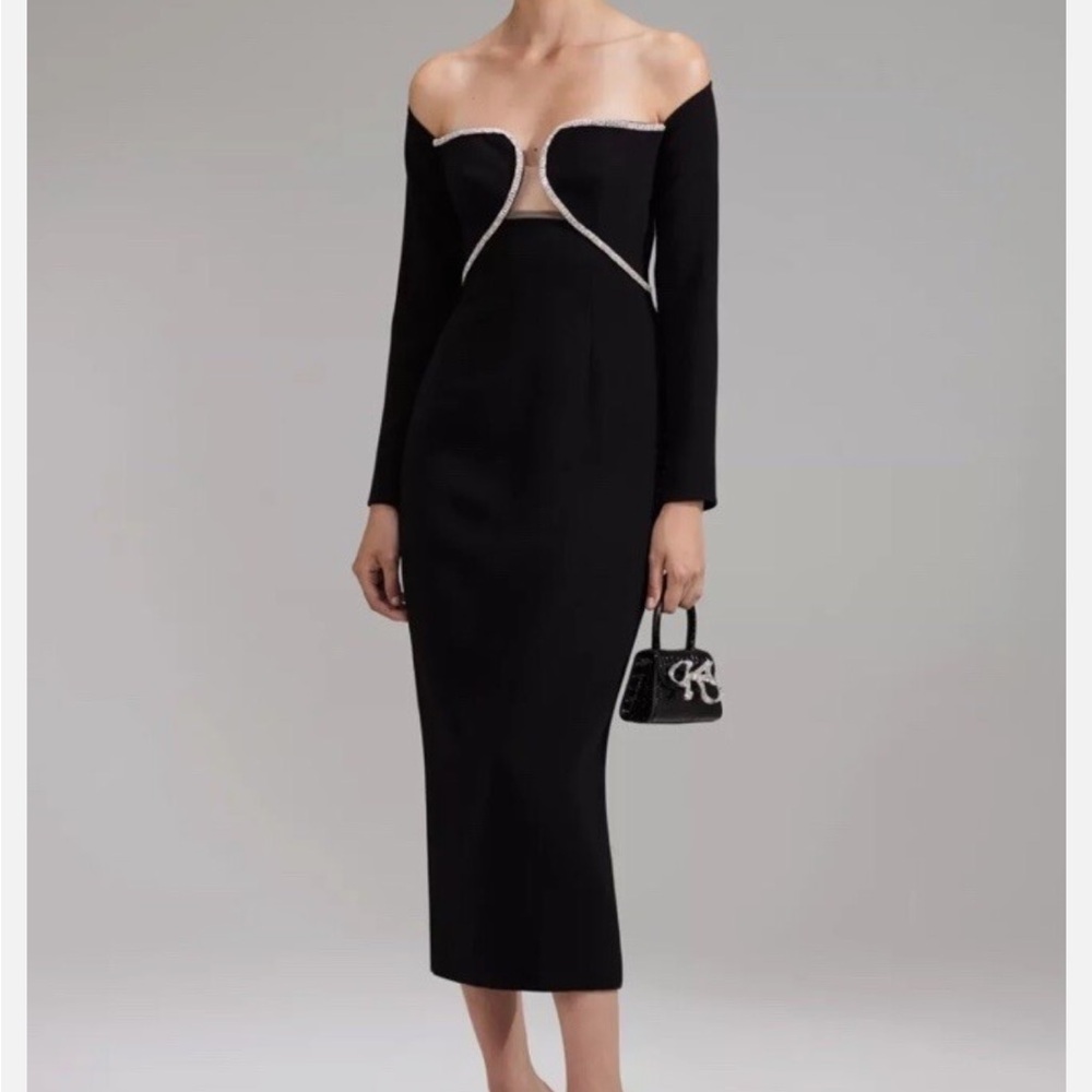 Self-Portrait Black Long Sleeve Cutout Midi Dress with Embellished Trim